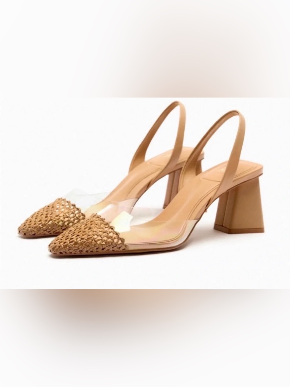 Zara Clear Vinyl Raffia Slingback Heels Brown & Clear EU 40 US 9